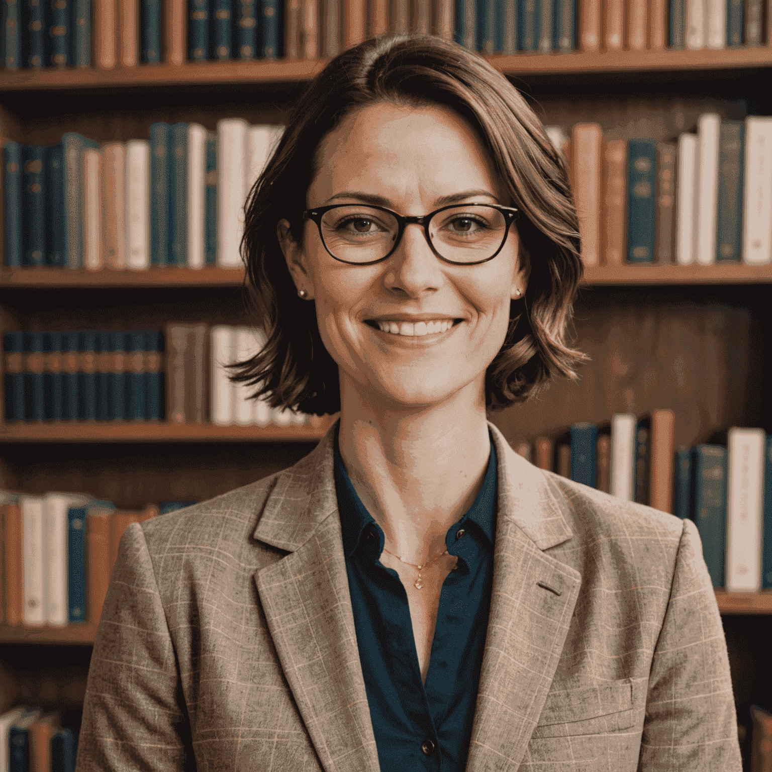 Portrait of Sarah Johnson, a woman in her mid-30s with short brown hair and glasses, smiling confidently at the camera. She is wearing a professional blazer and standing in front of a bookshelf.