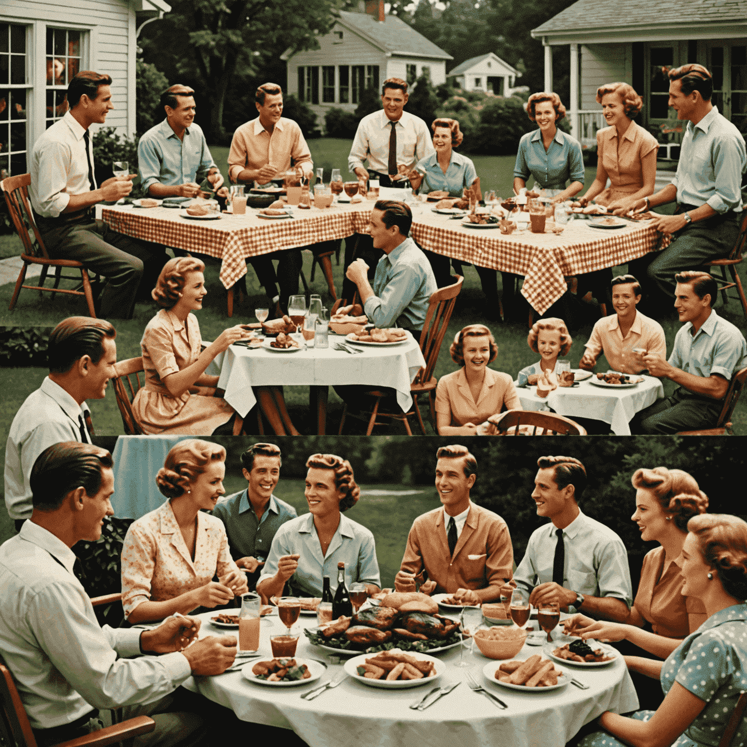 A collage showing the evolution of American social gatherings from formal dinner parties in the 1950s to modern day casual barbecues and virtual hangouts