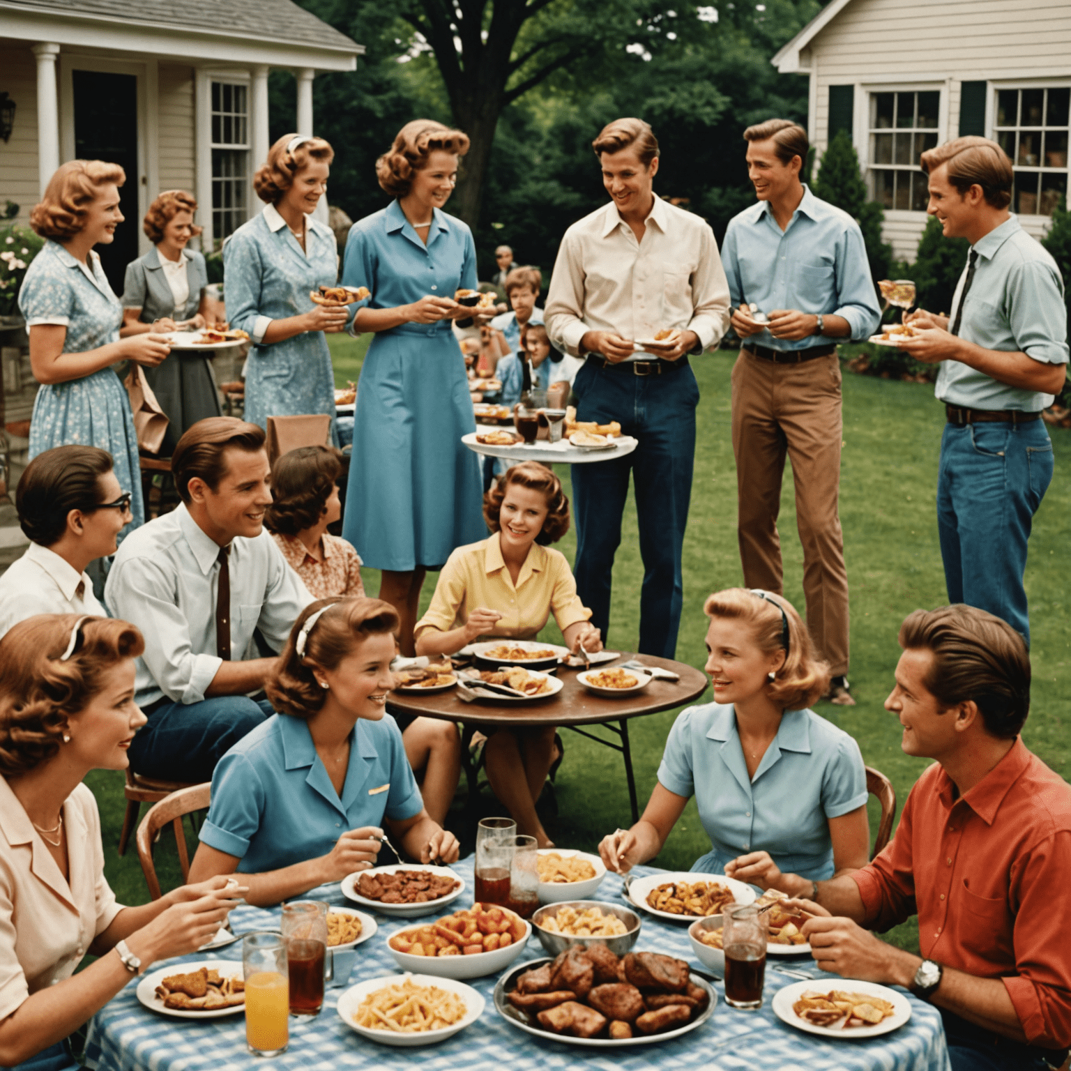 A collage showing different American social gatherings through the decades: formal 1950s dinner party, casual 1970s backyard barbecue, 1990s potluck, and modern virtual hangout