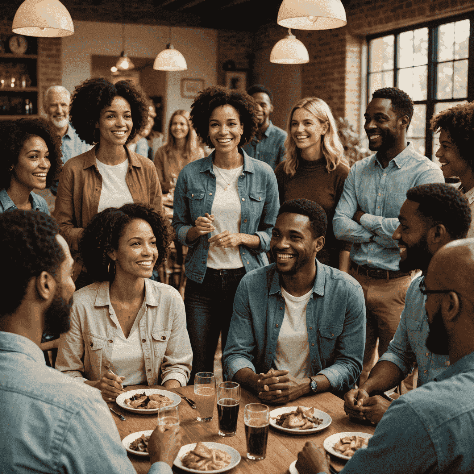 A diverse group of Americans engaged in animated conversation at a social gathering, showcasing various facial expressions and body language typical of small talk