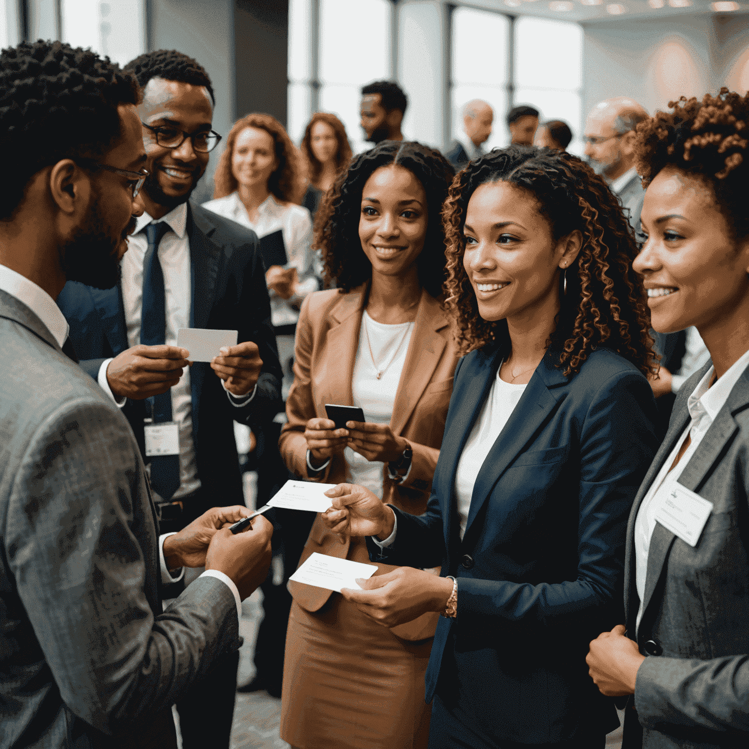 A diverse group of professionals networking at a business conference, exchanging business cards and engaging in conversation