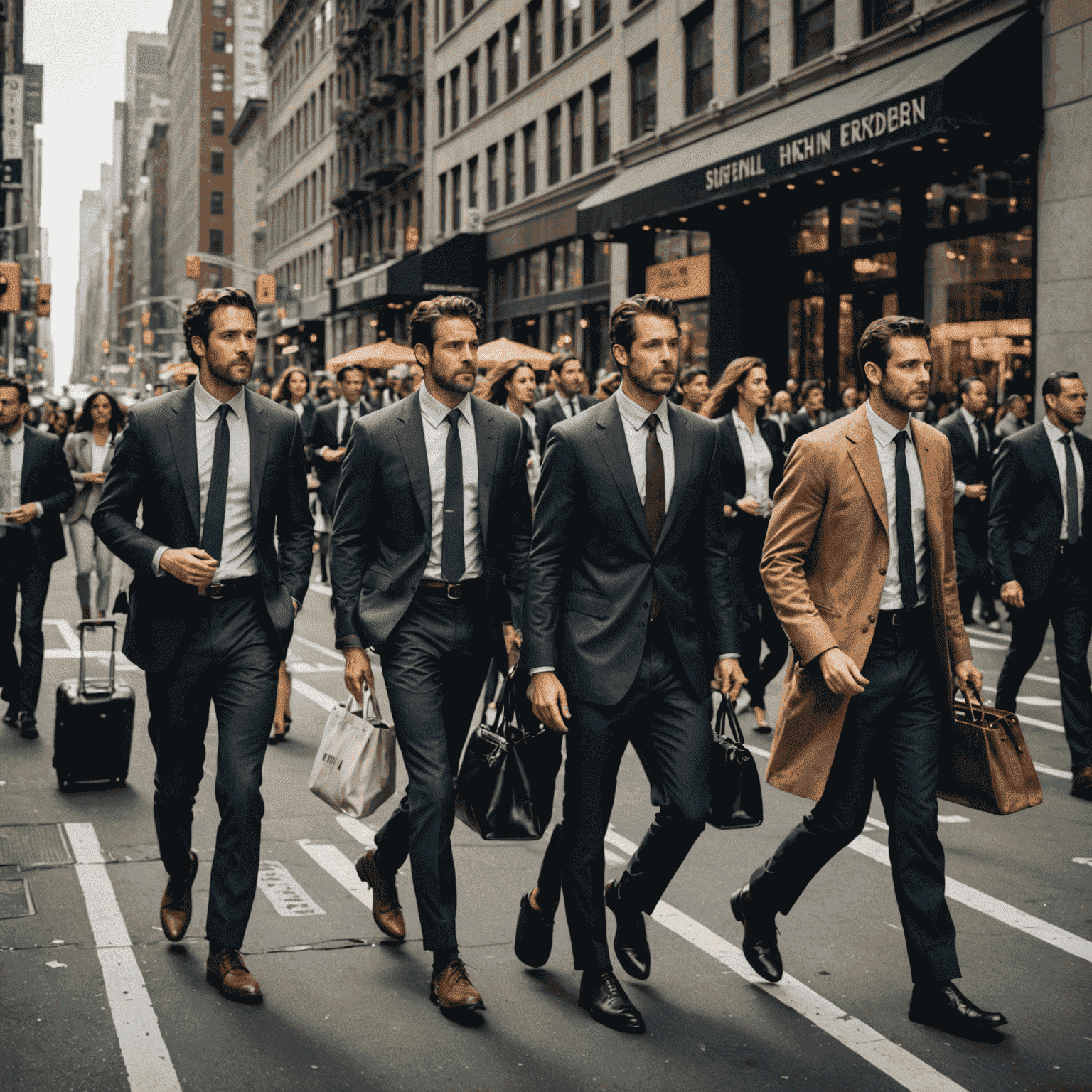 Busy street scene in New York City with people walking quickly, dressed in business attire