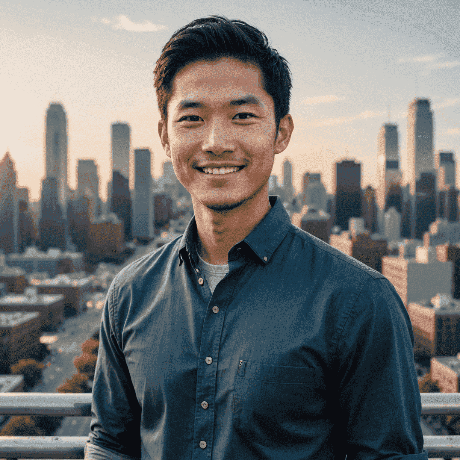 Portrait of Michael Chen, an Asian-American man in his late 20s with black hair, wearing a casual button-up shirt. He is smiling warmly and standing in front of a city skyline.