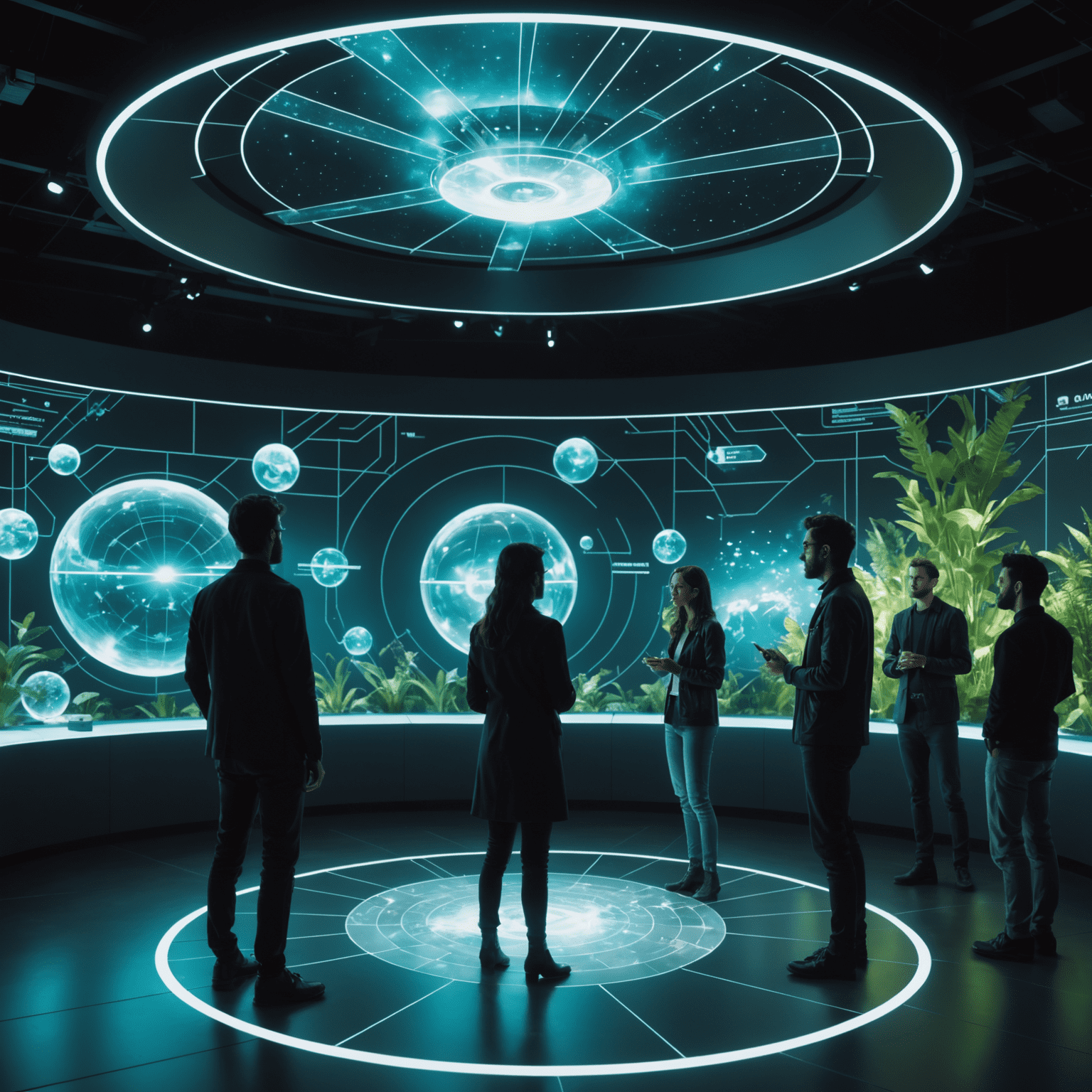 A futuristic gathering showing people interacting both in-person and via holographic projections in a modern, eco-friendly setting