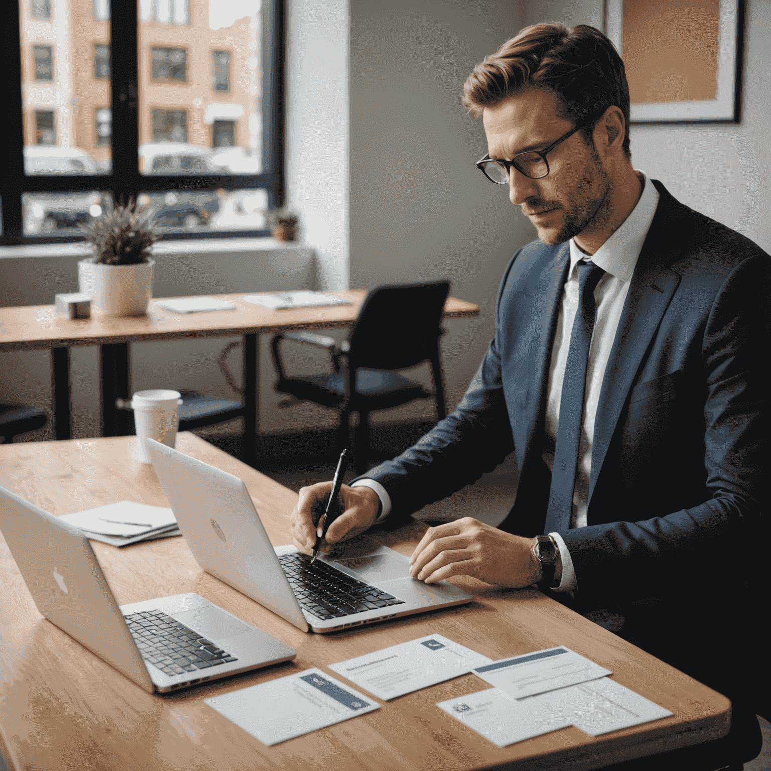 A professional sending follow-up emails on a laptop, with a stack of business cards nearby