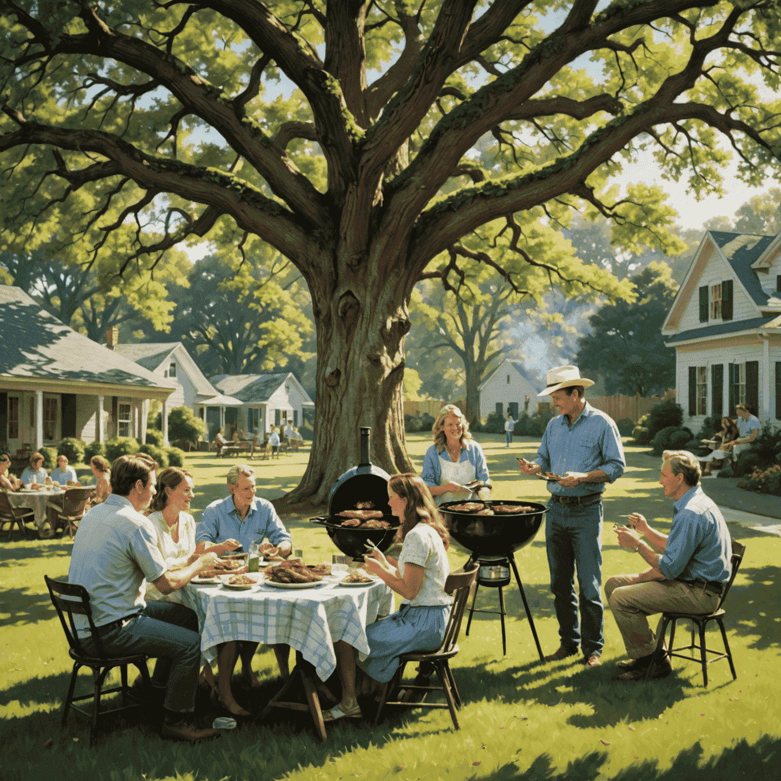 A group of people enjoying a barbecue in a backyard with a large oak tree, embodying Southern hospitality