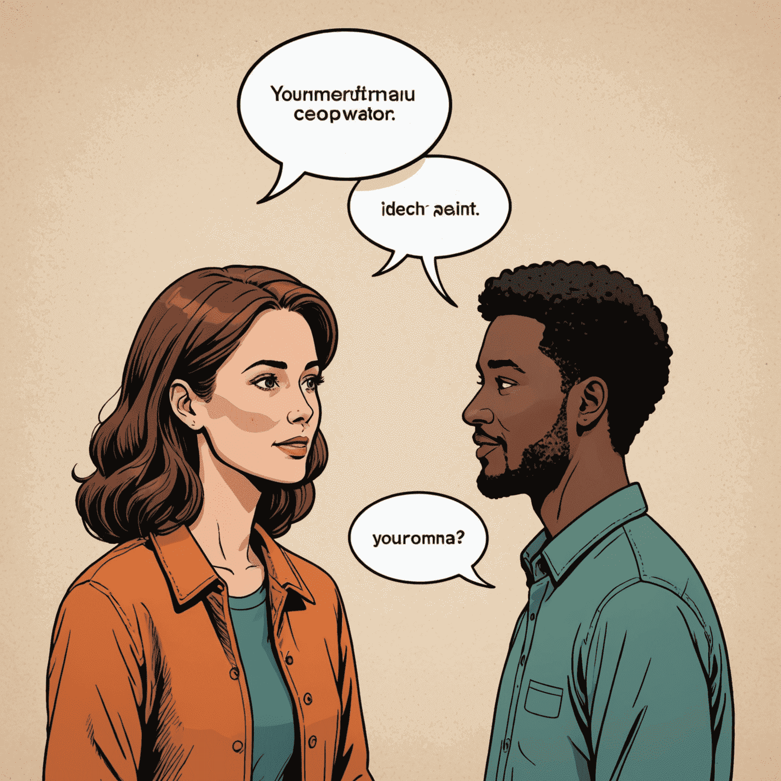 An illustration of two people engaged in animated conversation, with speech bubbles containing common small talk topics