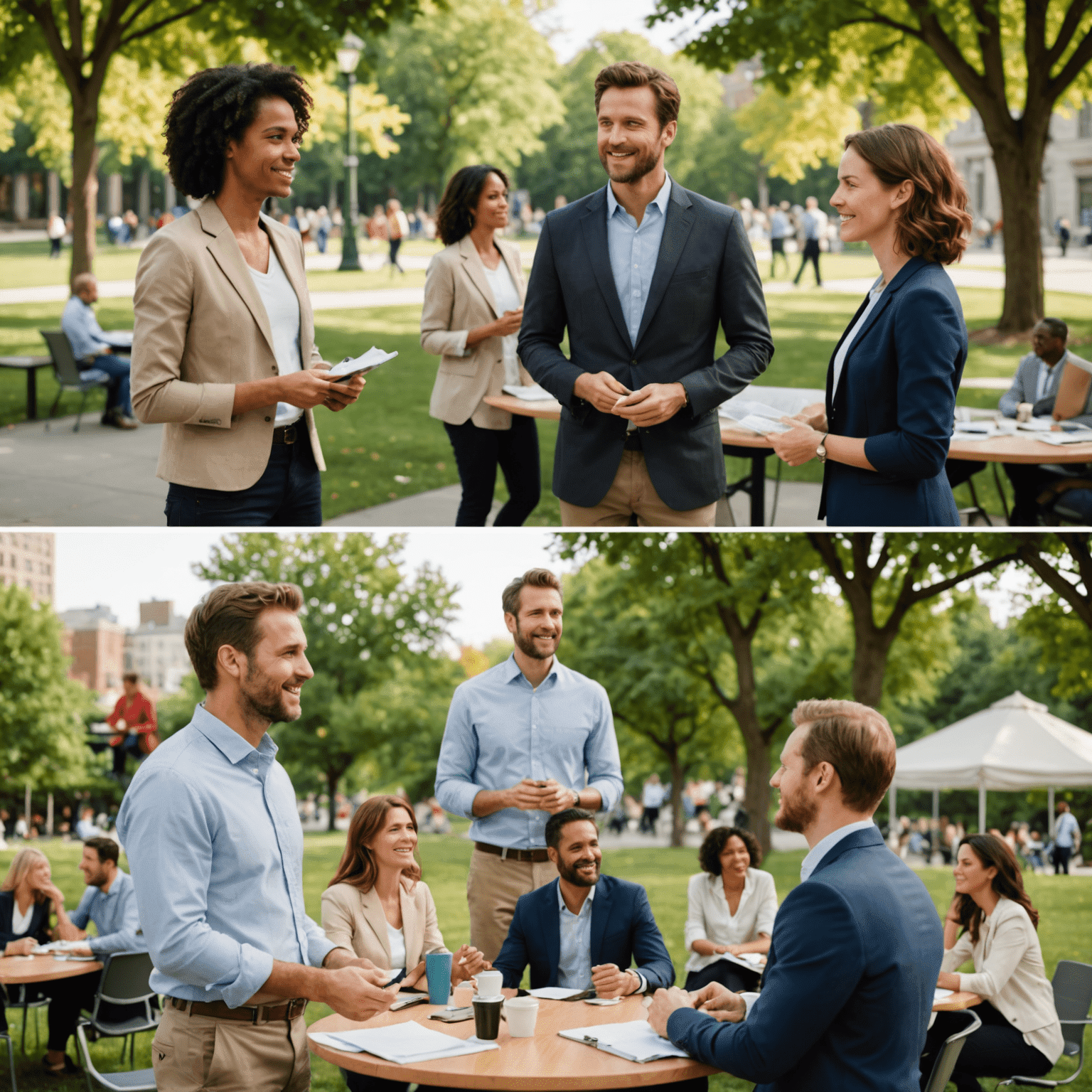 Split-screen image showing small talk scenarios in an office setting, a casual party, and a public park, highlighting the differences in body language and attire