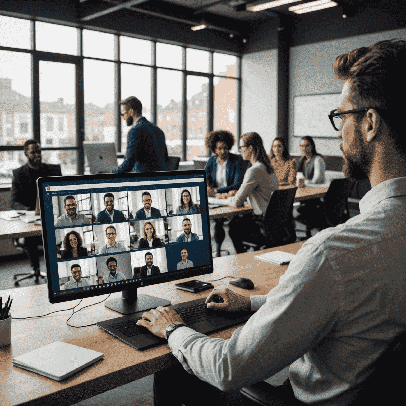 A professional participating in a virtual networking event on a computer screen, with multiple participant windows visible