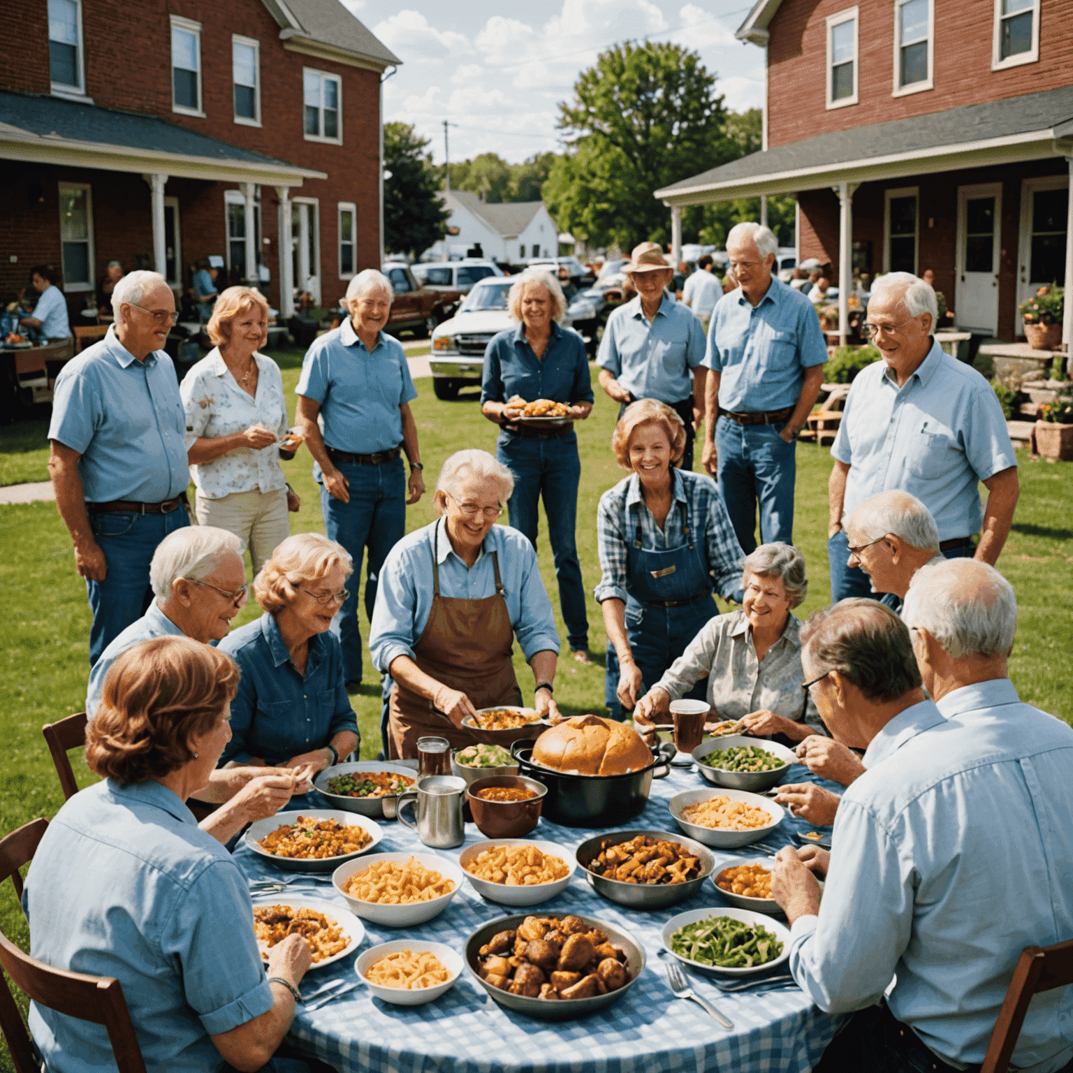 A community potluck dinner in a small Midwestern town, showcasing friendliness and community spirit