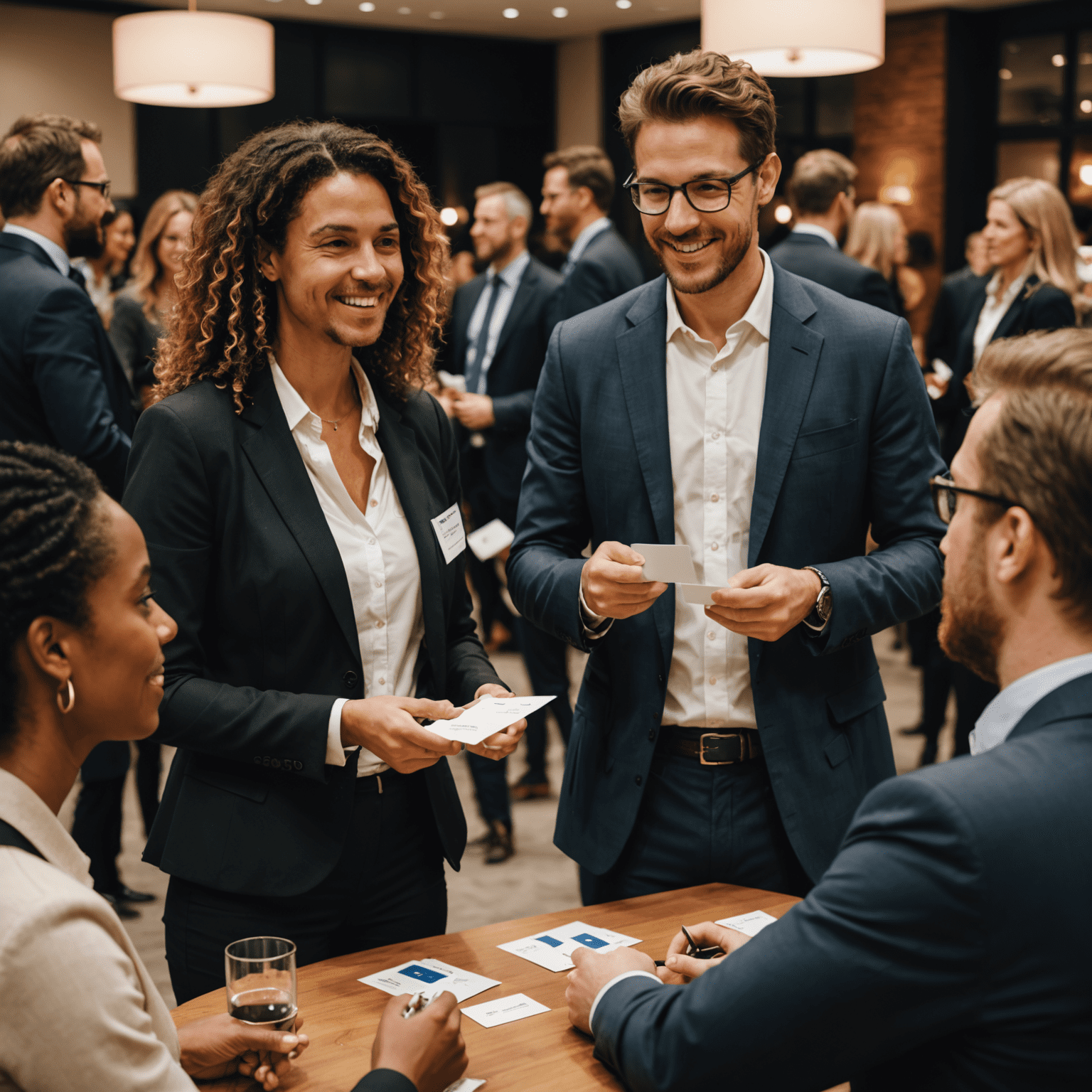 A networking event scene with professionals exchanging business cards and engaging in conversation